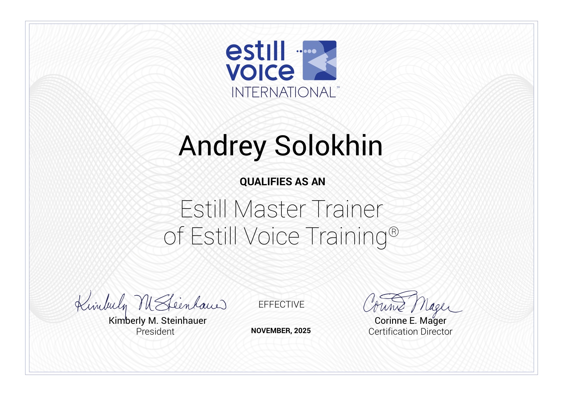 Сертификат: Андрей Солохин, Estill Master Trainer of Estill Voice Training, ноябрь 2025